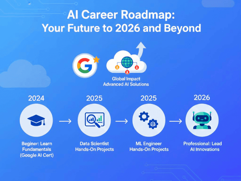 What Is Google AI Certification roadmap: 2024-2026 timeline infographic from beginner to pro with AI icons, global impact, and career steps.