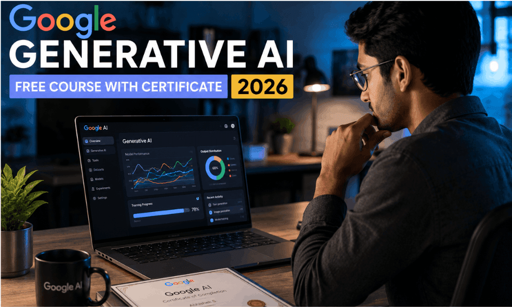 Google Generative AI Free Course With Certificate 2026 — Young professional earning Google AI certificate on laptop.