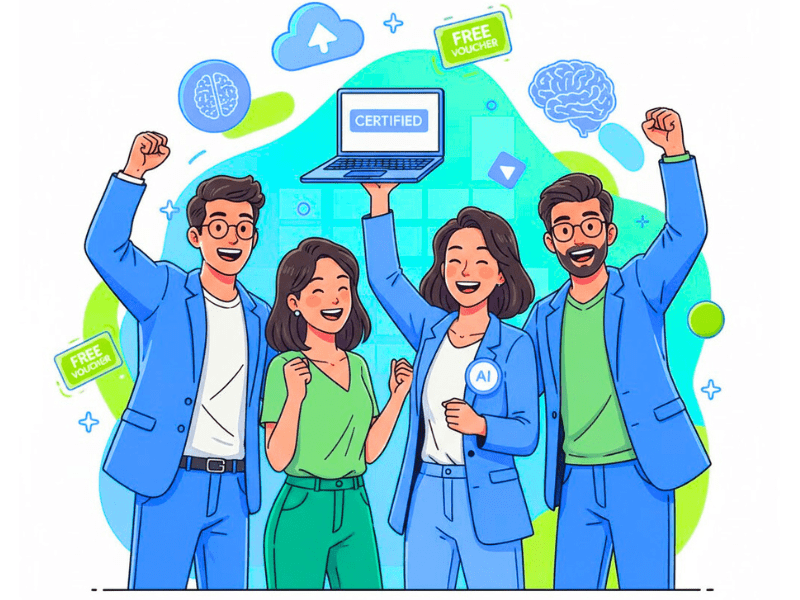 How to get Google AI certification for free: Diverse team celebrating with laptops, free vouchers, AI badges, and cloud icons.
