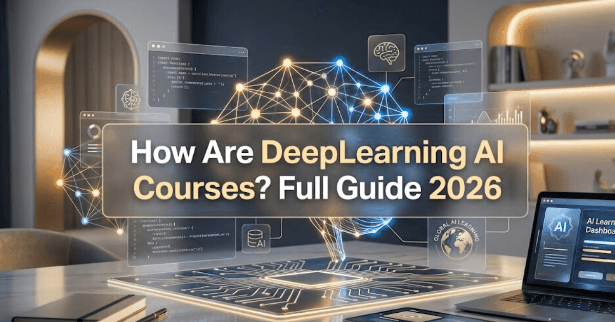 How are DeepLearning AI courses in 2026, featuring a modern French-style AI learning concept with the course title displayed visually.