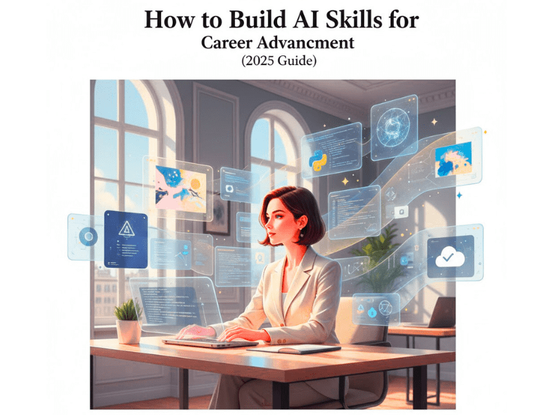 Modern illustration of a professional learning AI skills for career advancement with holographic tech elements, French-style design, high-quality blog featured image.