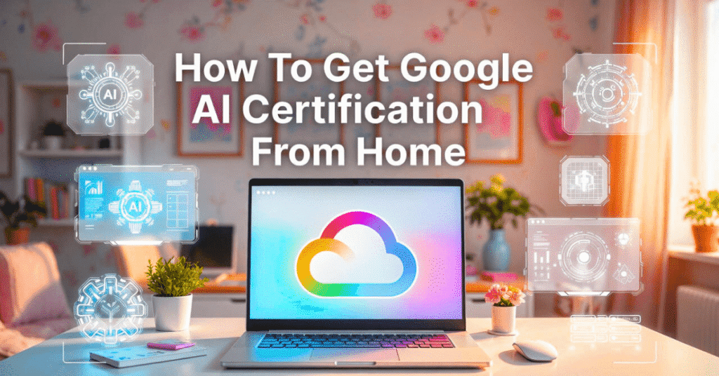French-style featured image showing the title ‘How To Get Google AI Certification From Home’ with Google AI icons, soft pastel colors, home workspace, modern tech theme.