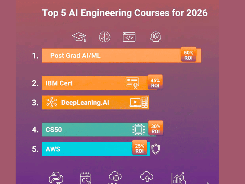 Which Course Is Best for AI Engineering? Truth Exposed 2026 3 Bar chart ranking top 5 courses for which course is best for AI engineering in 2026, with ROI percentages for Post Grad AI/ML, IBM Cert, and more.