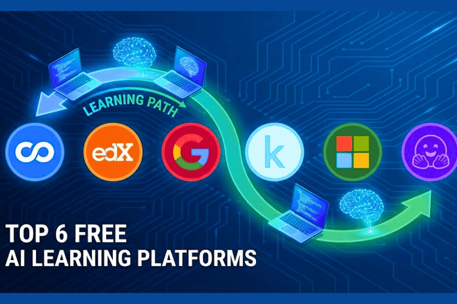 Top 6 free AI platforms infographic with Coursera, edX, Google, Kaggle, Microsoft, Hugging Face – where to learn AI skill for free online.