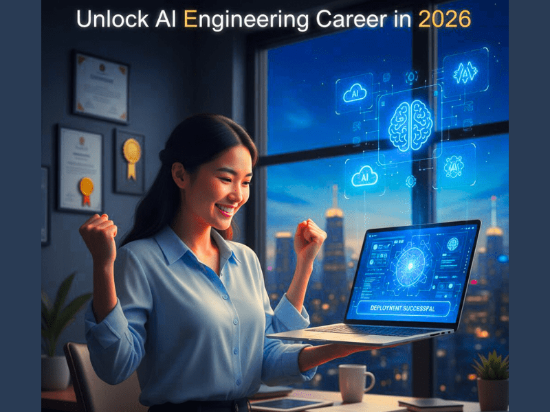 Which Course Is Best for AI Engineering? Truth Exposed 2026 5 Motivational image: Young AI engineer unlocking career success in 2026 via best course for AI engineering, with deployment laptop and holograms.