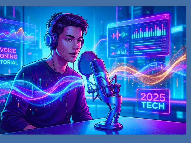 How to create my own voice AI skill: Person recording with glowing AI waves in 2025 futuristic tech illustration.