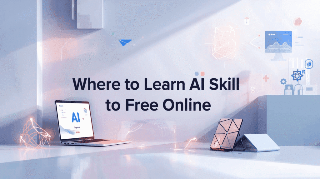 Featured image showing “Where to Learn AI Skill for Free Online” with modern French-style AI graphics and minimalist tech illustrations.