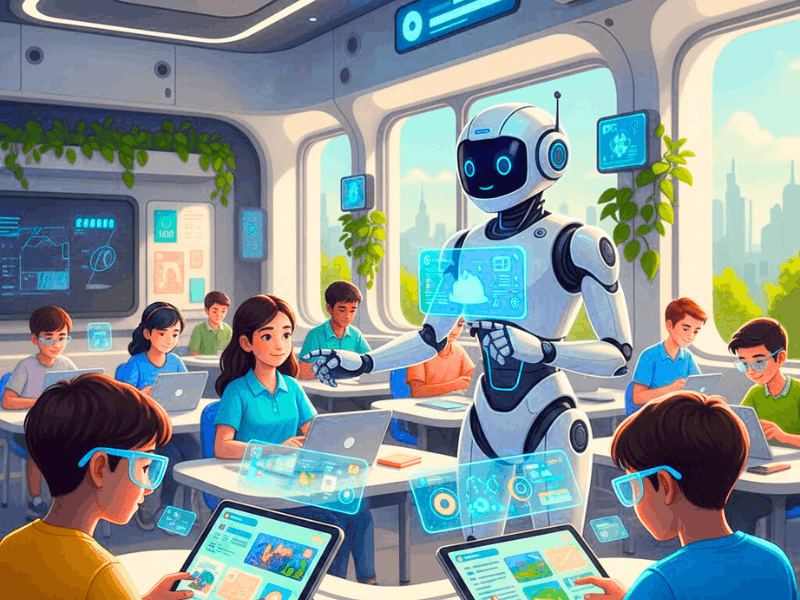 Futuristic illustration of agentic AI robot teaching diverse students in modern classroom, showing what is the agentic AI for schools.