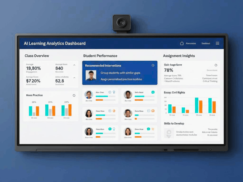 When Can AI Tools Be Used Effectively in the Classroom? (Complete Teacher Guide) 2 AI learning analytics dashboard providing real-time student performance insights, showing when AI tools can be used effectively in the classroom for adaptive assessment.