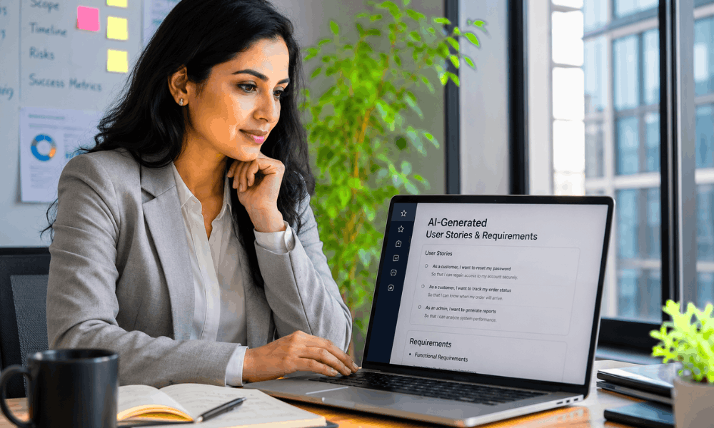 Business analyst reviewing AI-generated user stories – which AI course is best for business analysts.