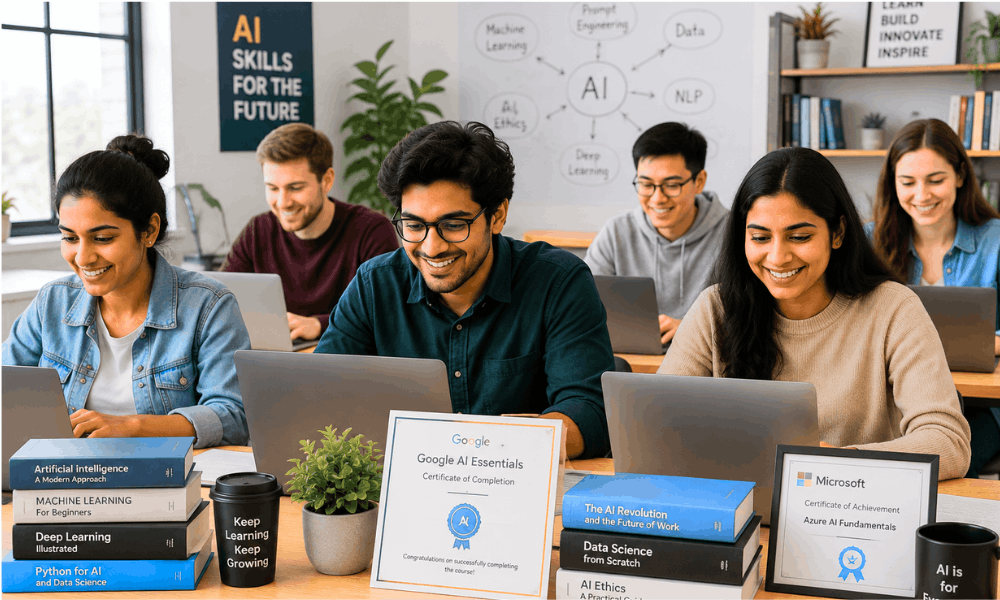 Top 5 AI Certifications for Beginners (Most Are Free!) 3 Diverse beginners learning Top 5 AI Certifications for Beginners 2026 in modern classroom.