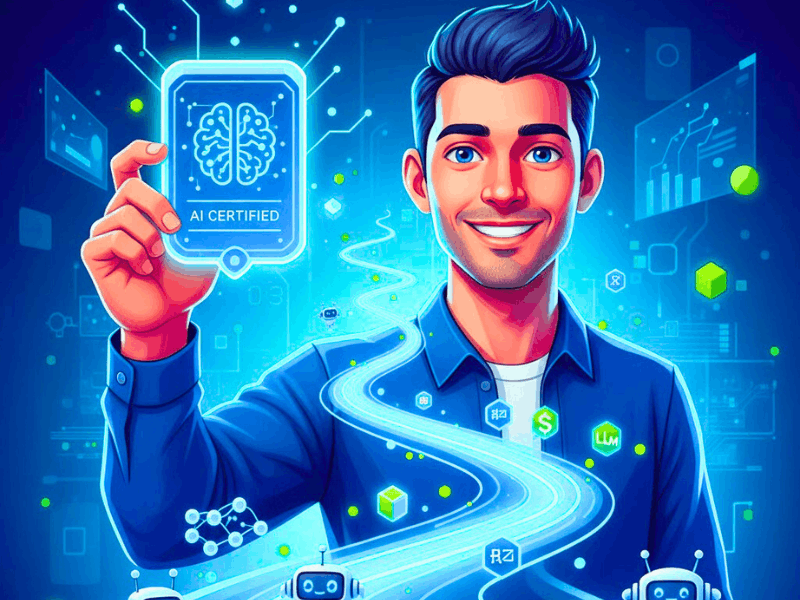 Best AI certification for beginners 2026: Young beginner holding glowing AI badge on futuristic path with robots and data streams.