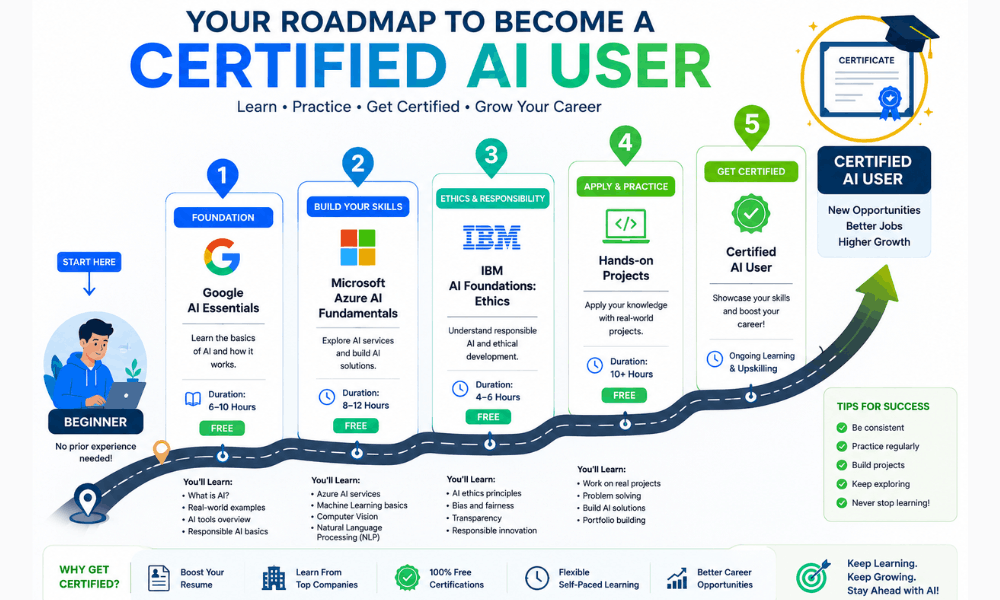 Top 5 AI Certifications for Beginners (Most Are Free!) 5 AI Certification Roadmap 2026 - How to Choose the Right AI Certification for Beginners.