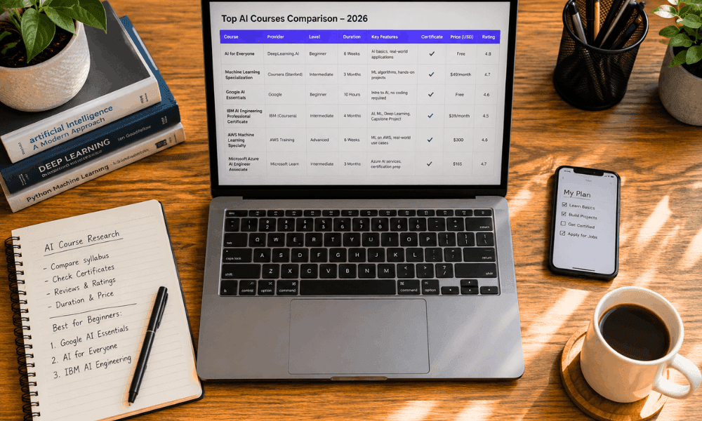 Top AI courses comparison table 2026 – which AI course is best for business analysts.
