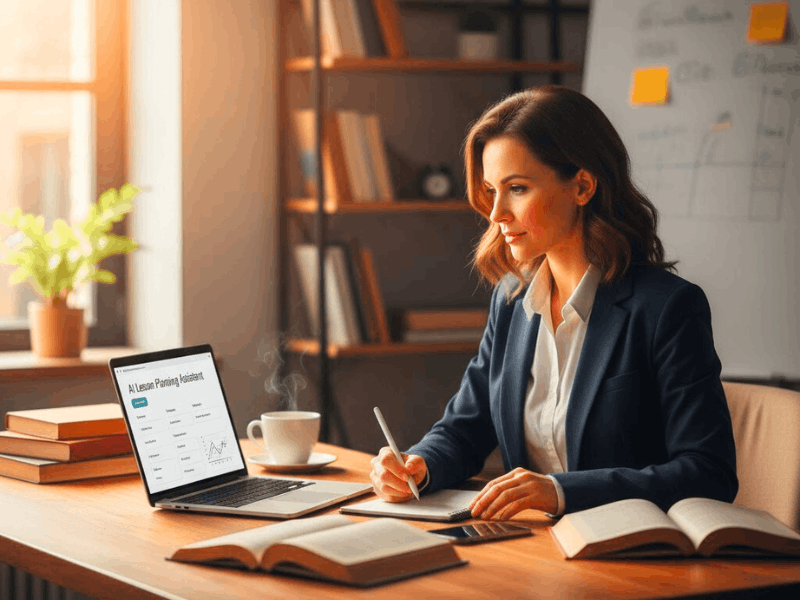When Can AI Tools Be Used Effectively in the Classroom? (Complete Teacher Guide) 4 Teacher using AI lesson planning assistant on laptop to boost productivity, exemplifying when AI tools can be used effectively in the classroom.