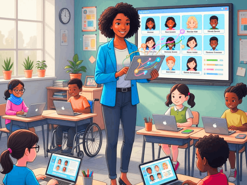 When Can AI Tools Be Used Effectively in the Classroom? (Complete Teacher Guide) 1 Diverse classroom with teacher using AI tablet for personalized learning paths, illustrating when AI tools can be used effectively in the classroom.