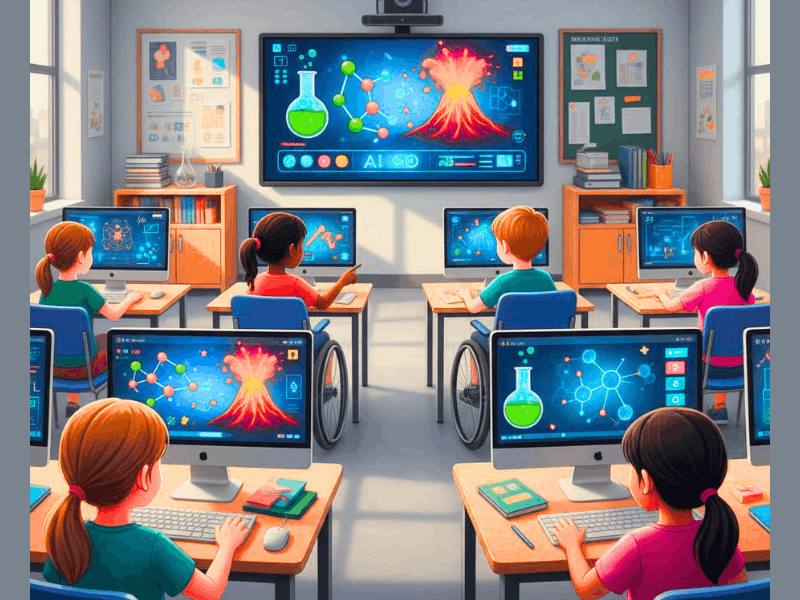 When Can AI Tools Be Used Effectively in the Classroom? (Complete Teacher Guide) 3 Students engaging in virtual AI science lab simulations for safe experiments, demonstrating when AI tools can be used effectively in the classroom.