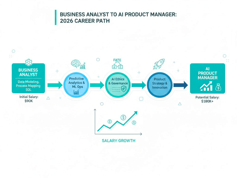Which AI Course Is Best for Business Analyst? Truth Inside (2026 Guide) 5 Which AI course is best for business analyst: Career path infographic to AI Product Manager with salary growth 2026.