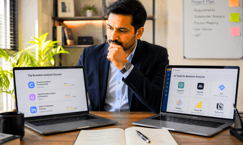 Business analyst comparing AI courses and tools – which AI course is best for business analysts.