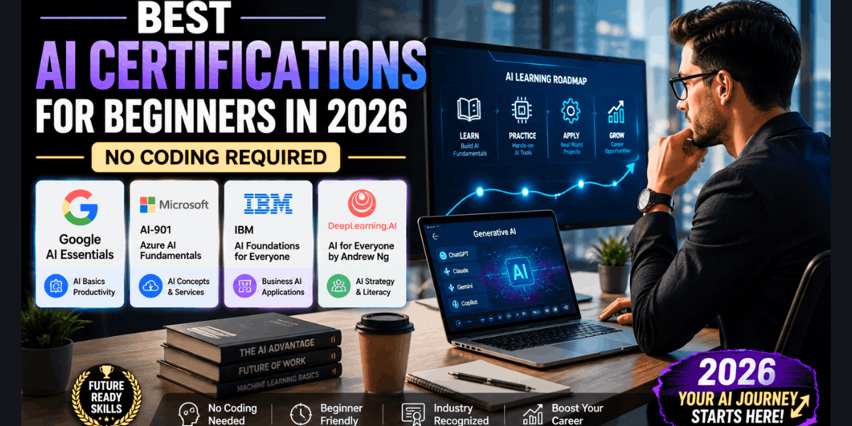 Best AI certifications for beginners in 2026 without coding.