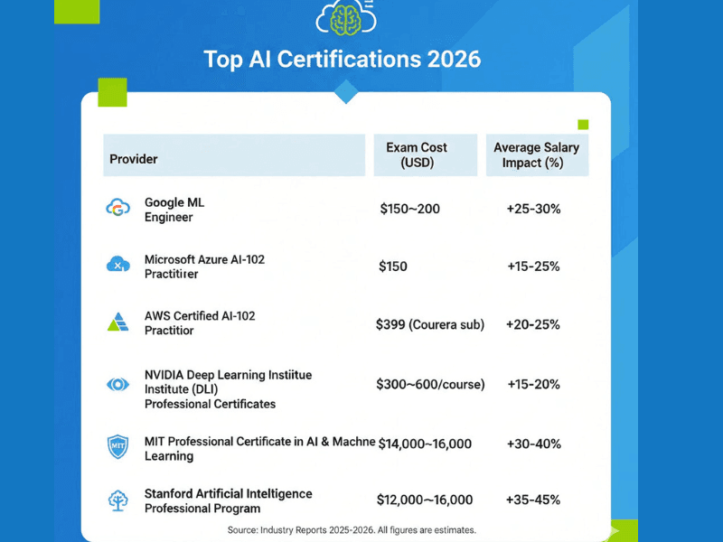 Best AI Certifications 2026 infographic Google Azure AWS MIT Stanford salary boost