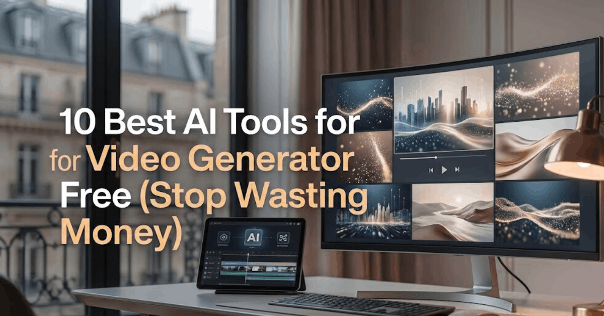 Best AI tools for video generator free in 2026 showing modern AI video creation workspace with cinematic screens and the title “10 Best AI Tools for Video Generator Free (Stop Wasting Money)”