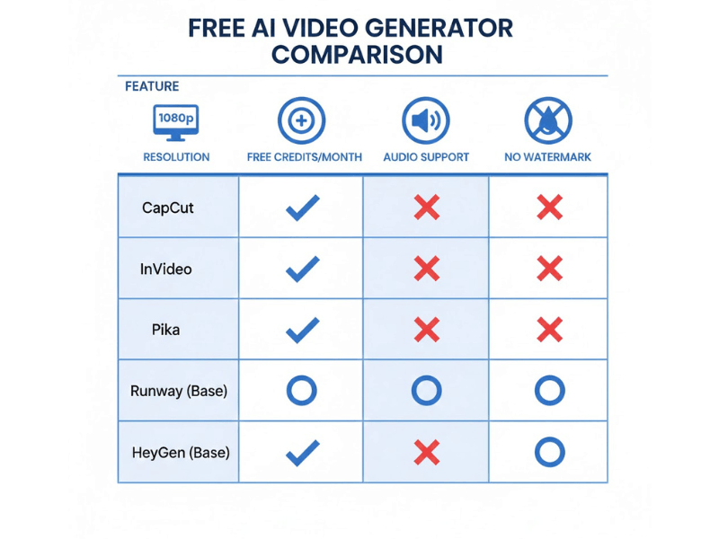 Comparison infographic of features for the best AI tools for video generator free.