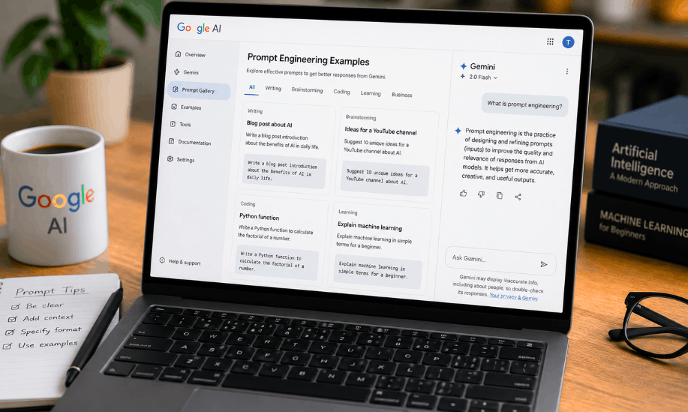 Top 5 AI Certifications for Beginners (Most Are Free!) 4 Google AI Essentials Prompt Engineering for Beginners on Laptop.