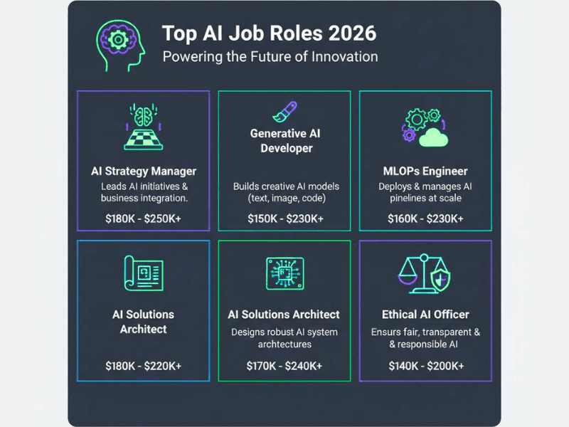 Top AI job roles 2026 infographic with salaries Generative AI Developer MLOps Engineer Which Course Is Best for AI Jobs