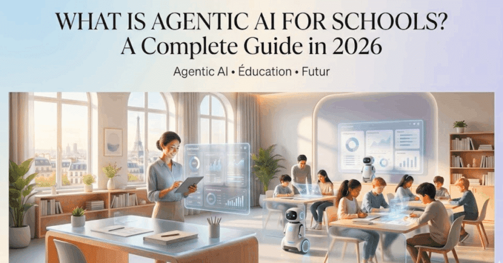 What is the agentic AI for schools illustrated with a French-style futuristic classroom and intelligent AI systems supporting teachers and students in 2026.