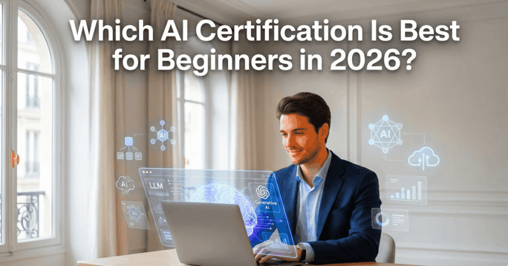 Which AI Certification Is Best for Beginners in 2026 showing a beginner learning AI with modern generative AI interface and certification concepts.