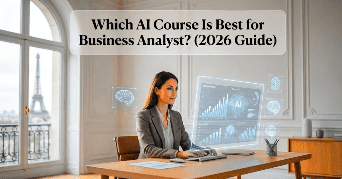 Which AI course is best for business analyst in 2026 showing a professional business analyst working with AI dashboards and generative AI visuals.