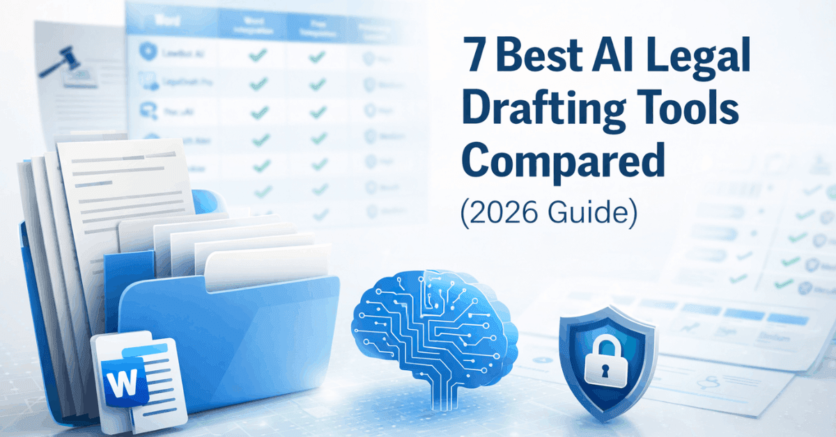 7 Best AI Legal Drafting Tools Compared in 2026 showing feature comparison including Word integration, privacy level, and free templates