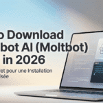 Featured image showing a French-style modern tech design with a laptop running Clawdbot AI (Moltbot), highlighting a safe Clawdbot AI download guide and local installation process in 2026.