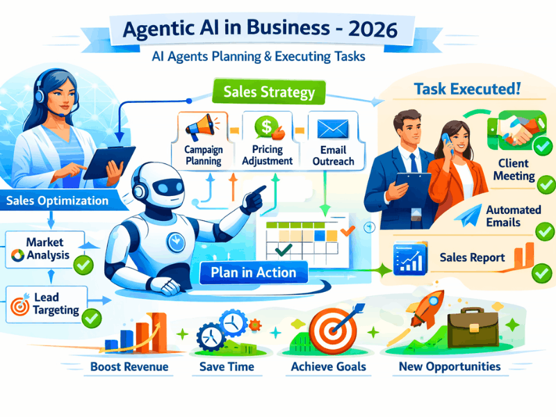 IIT AI Course for Non-Tech: No Coding Required? Honest Truth & Job Scope in 2026 3 Agentic AI in Business 2026 for Non-Tech Professionals: AI Agents Planning and Executing Sales Tasks infographic.