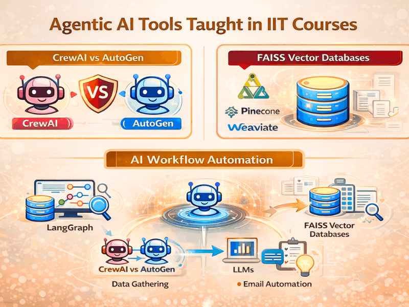 Agentic AI Courses in IIT — Real Syllabus, Fees & Certificate Value (2026) 4 Agentic AI courses in IIT: Real syllabus tools – CrewAI vs AutoGen, FAISS vector databases, LangGraph workflow automation 2026.