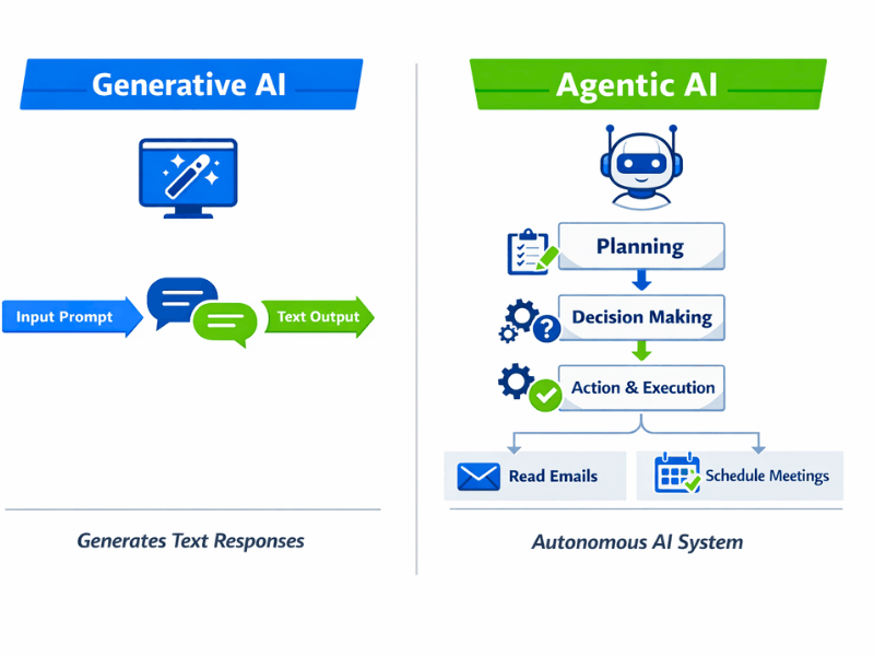 Agentic AI Courses in IIT — Real Syllabus, Fees & Certificate Value (2026) 1 Agentic AI courses in IIT: Generative AI vs Agentic AI comparison diagram – text generation vs autonomous planning and execution 2026.