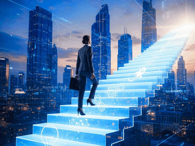 Professional climbing AI-powered career staircase – free AI courses for working professionals.