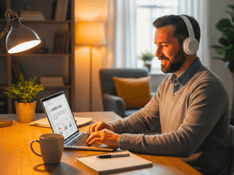 Professional learning online AI course at home desk – free AI courses for working professionals.