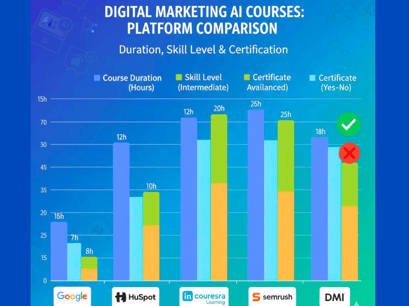 Digital Marketing AI Course Free With Certificate (2026) — 7 Best Platforms To Join Today 4 Platform comparison chart for digital marketing AI courses free with certificate 2026: duration, skill level, and certification yes/no – best options visualized.