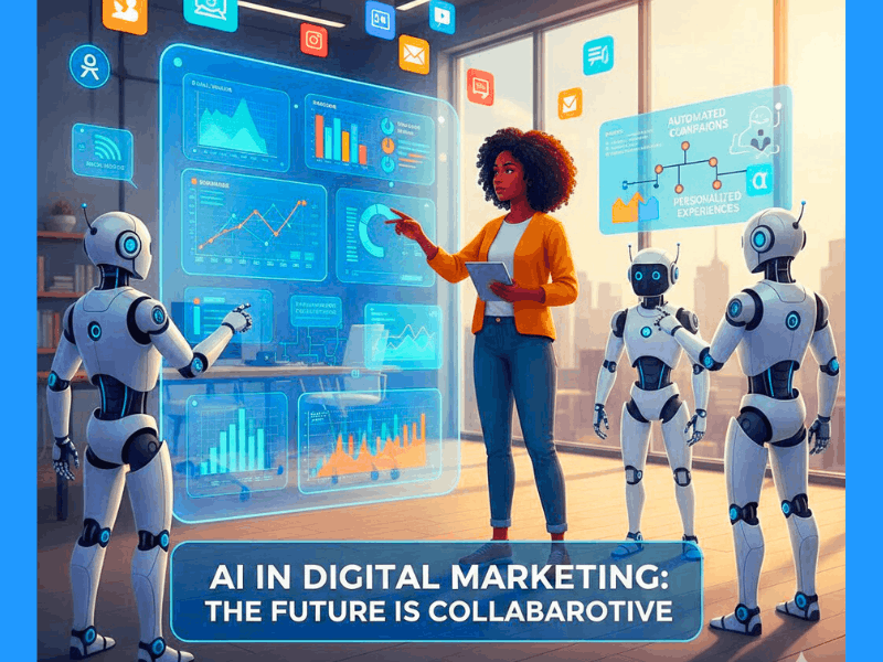 Digital Marketing AI Course Free With Certificate (2026) — 7 Best Platforms To Join Today 2 AI in digital marketing future: human marketer collaborating with robots on analytics and automated campaigns – perfect for digital marketing AI course free with certificate learners.