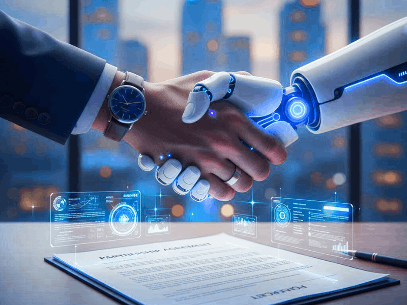 7 Best AI Tools for Legal Drafting Free: Draft Professional Agreements in Minutes 6 Human-AI handshake over legal contract representing partnership with free AI tools for legal drafting.