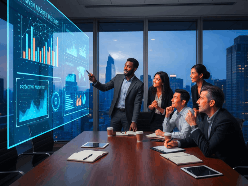 Team impressed by AI-driven insights presentation in meeting – free AI courses for working professionals.