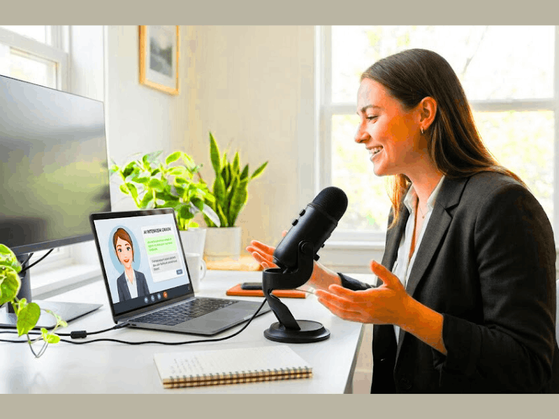 Interview Warm-Up AI Free Online: 7 Best AI Mock Interview Tools (2026) 3 Confident professional practicing job interview with AI coach on laptop using Interview Warm-Up AI Free Online tool.