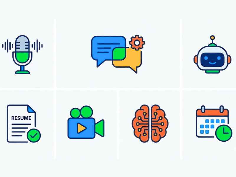 Interview Warm-Up AI Free Online: 7 Best AI Mock Interview Tools (2026) 4 Collage of icons for 7 best Interview Warm-Up AI Free Online tools features like microphone, AI chat, resume, and video feedback.