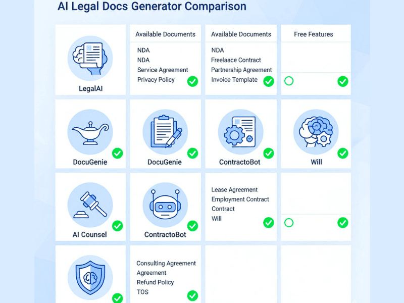 Comparison infographic of the best free AI legal document generators showing available documents and free features.