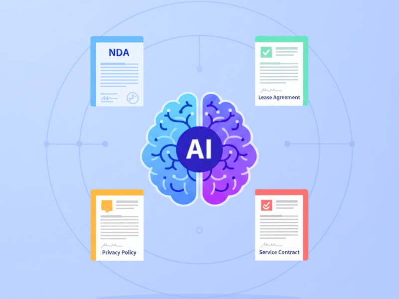 AI brain illustrating common legal documents like NDA, lease agreement, privacy policy, and service contract for the best free AI legal document generator.