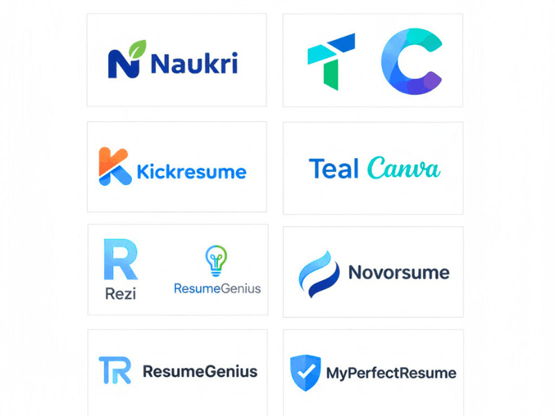 Top Free AI Resume Builders for Freshers India logos grid.