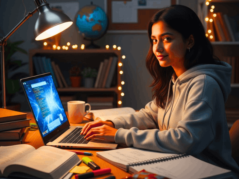 Indian student studying late at night using free AI tools for competitive exam preparation.