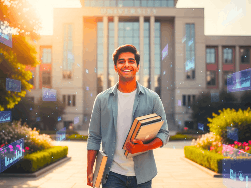 Confident Indian student succeeding in competitive exams with free AI tools for preparation.